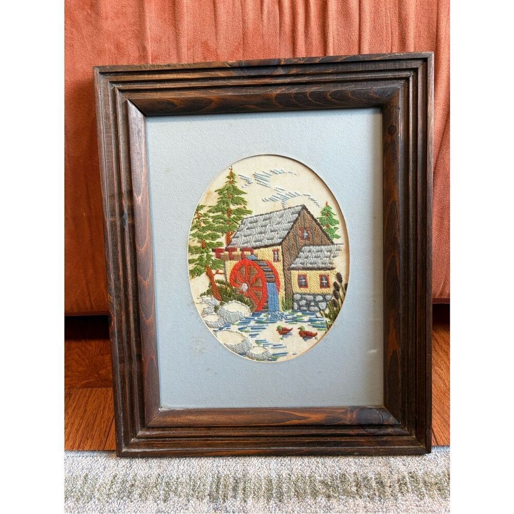 Pine Valley Mill Crewel Finished Vintage Art Piece Wooden Vintage Frame
